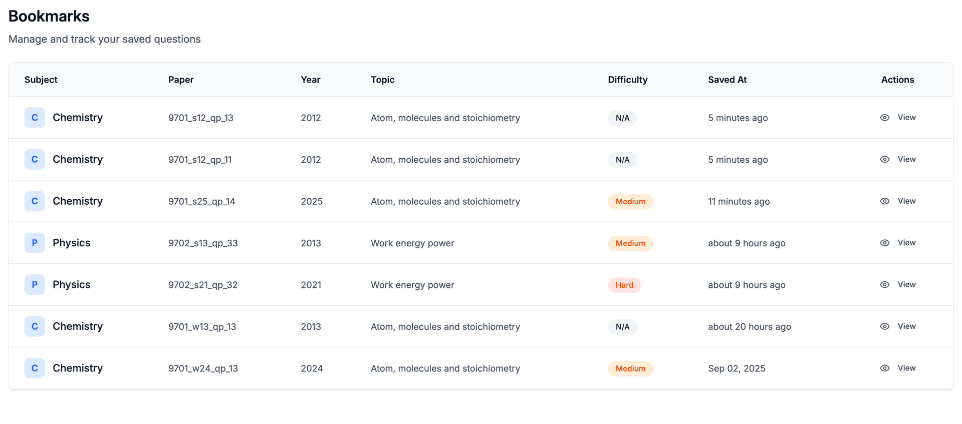 Question bookmarks and activity history
